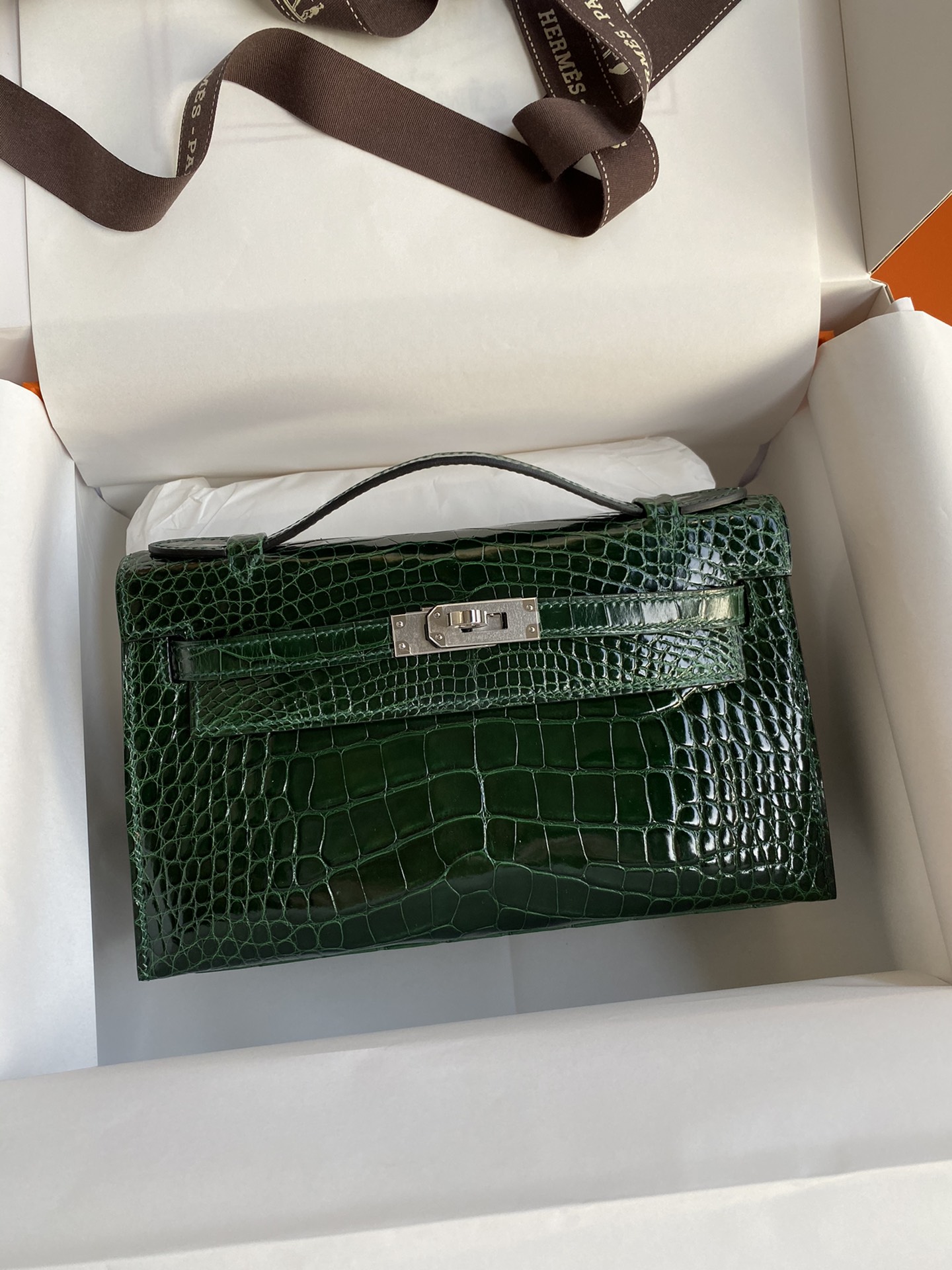 Hermes Mini Kelly Pochette 22cm Bag In Dark Green Shiny Alligator Leather